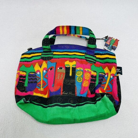 Laurel Burch Handbags - Laurel Burch Cat Fish Handbag Satchel Bag Purse Canvas Artsy Abstract Boho Retro